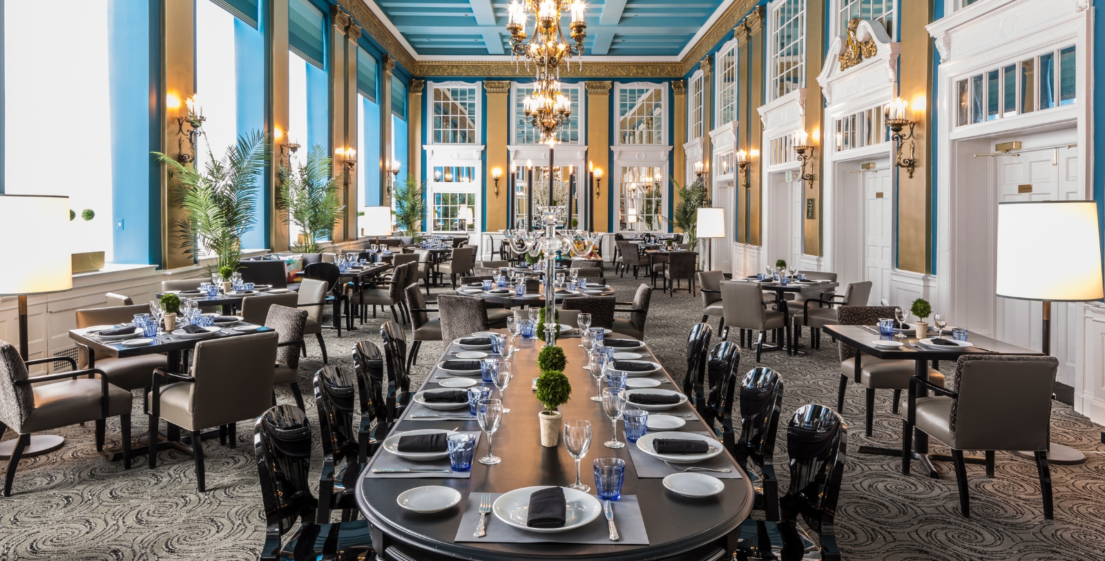 a large room with tables and chairs