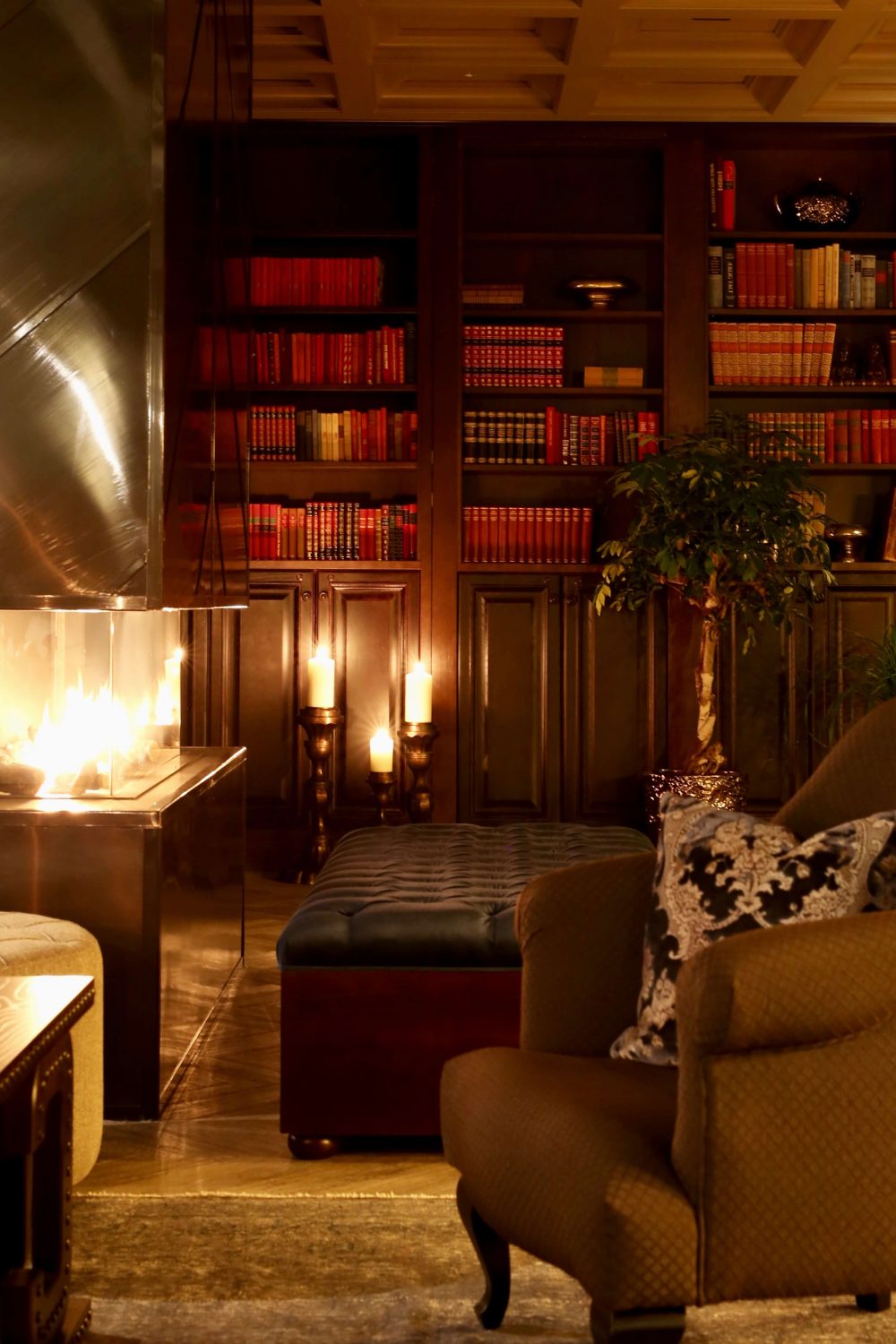 a room with bookshelves and a fireplace