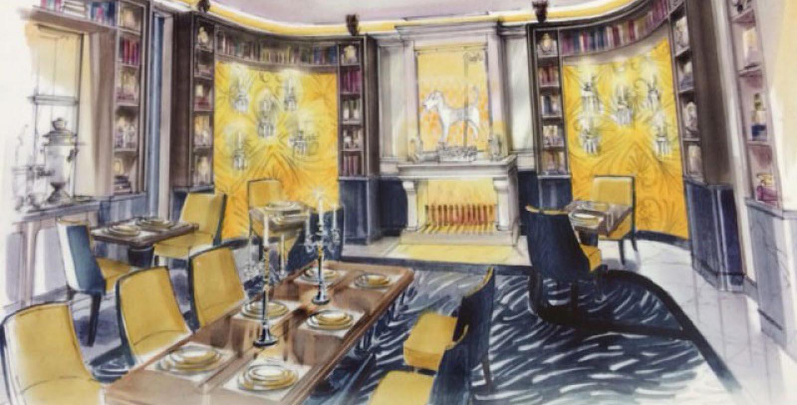 a drawing of a dining room