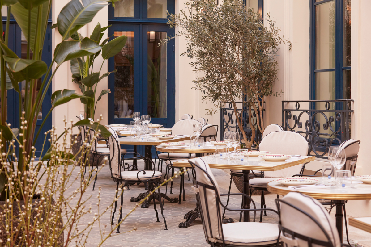 a tables and chairs outside a building