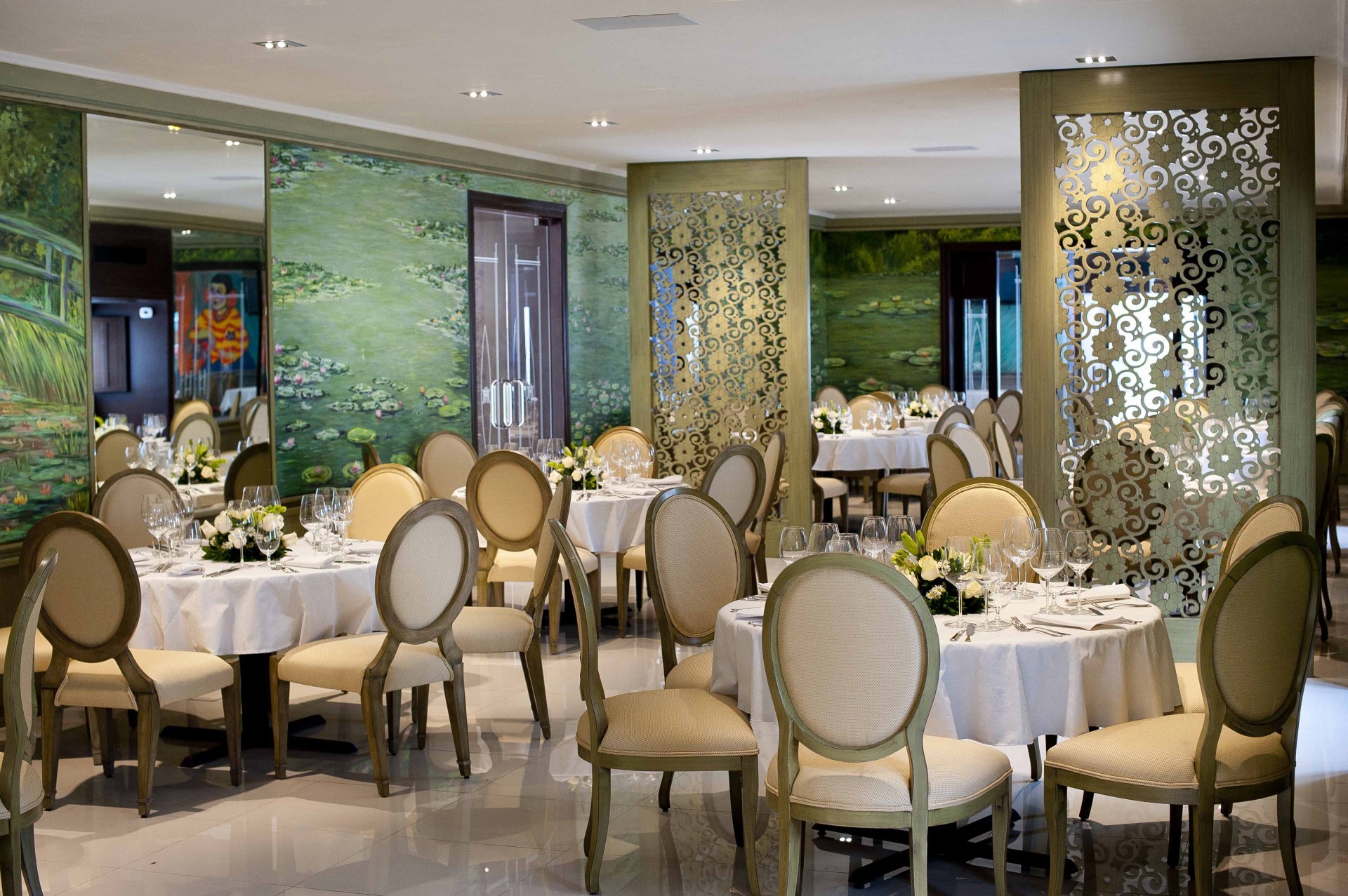 a room with tables and chairs