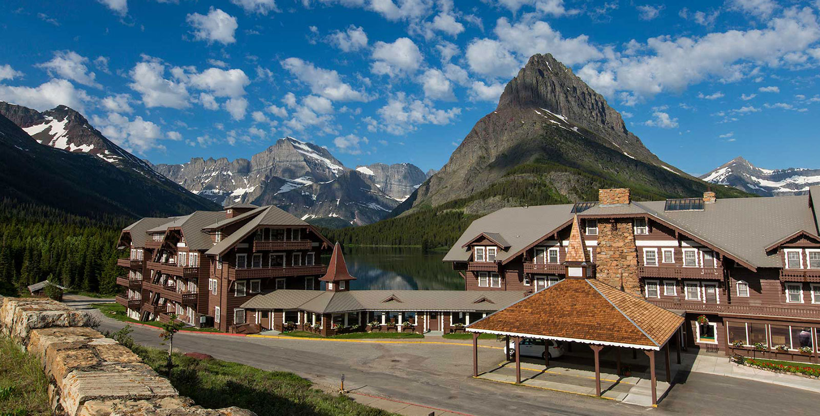 a building next to a lake