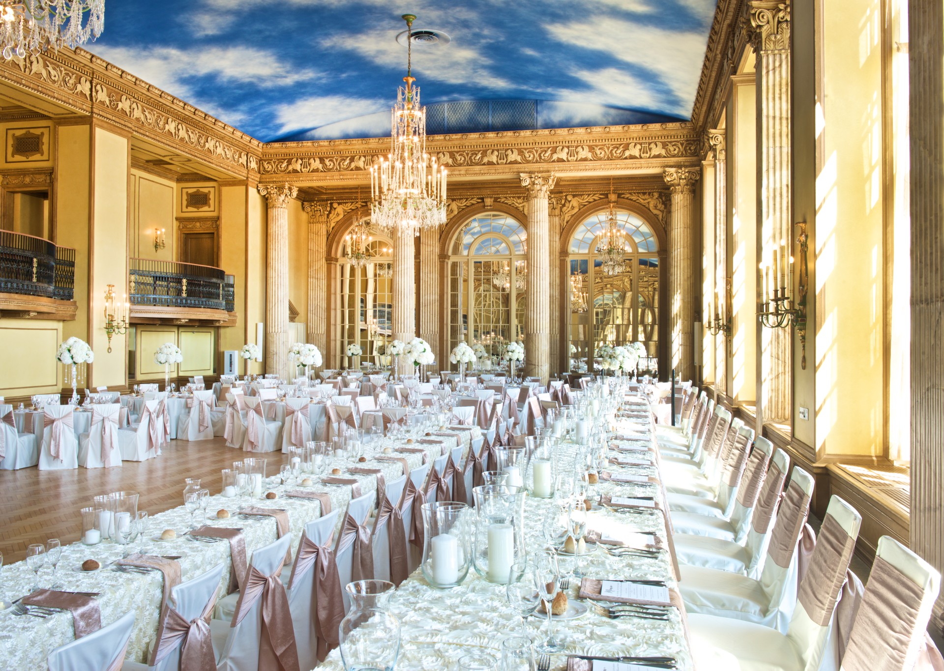 a large room with tables and chairs