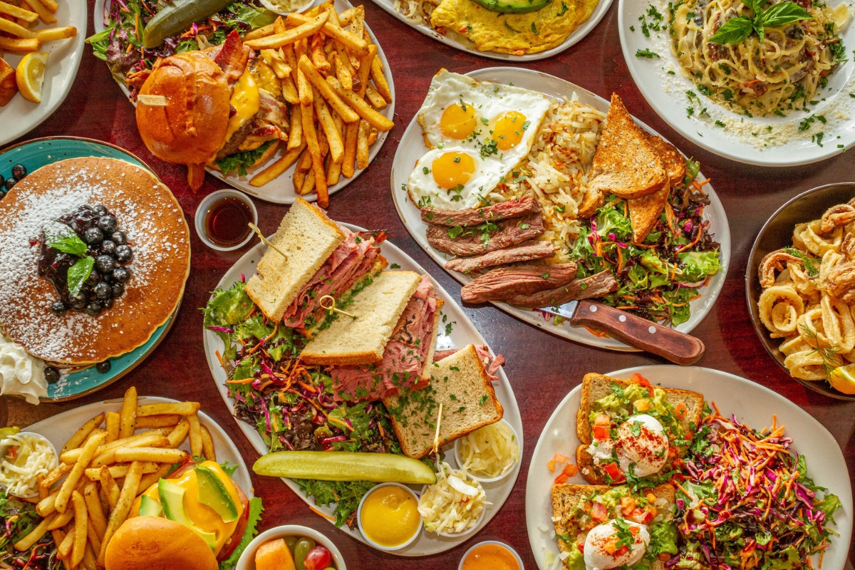 a table full of plates of food