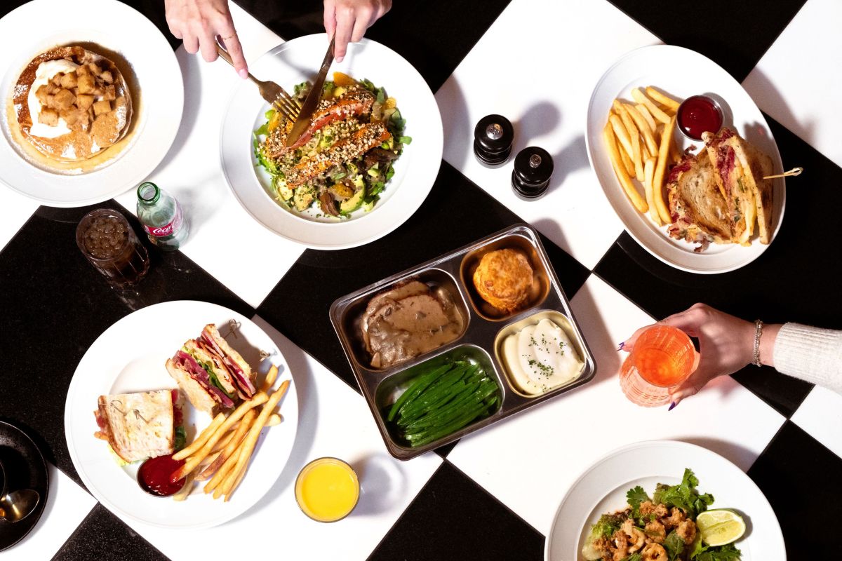 a group of people eating food