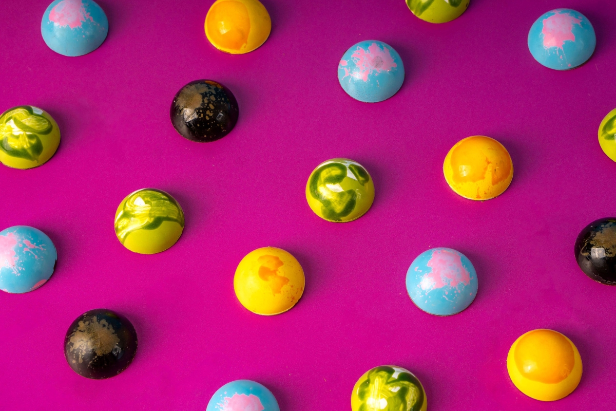 a group of colorful round objects