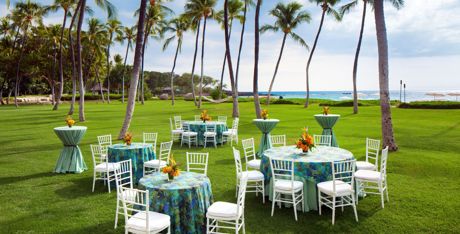 a group of tables and chairs in a grassy area with palm trees