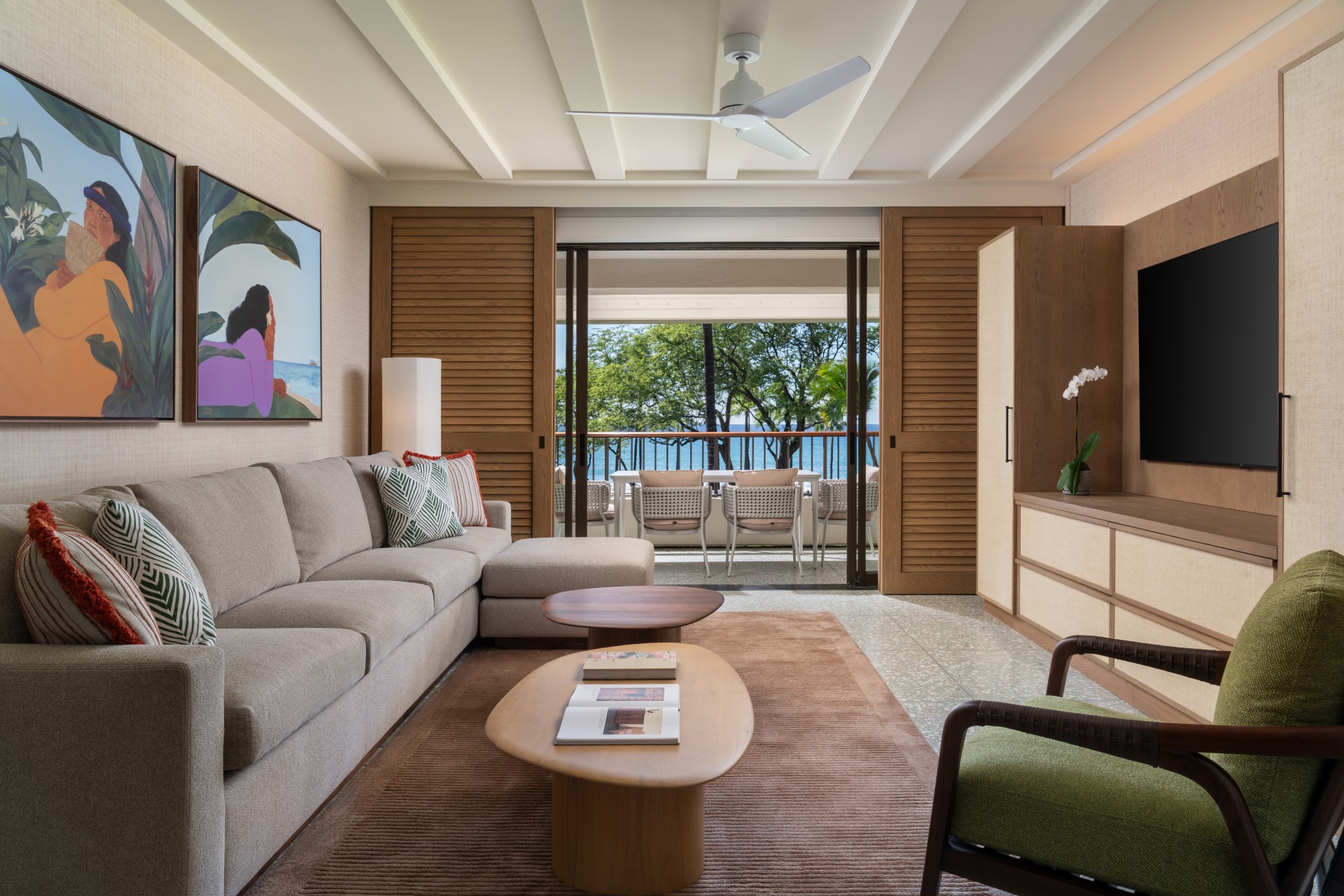 a living room with a couch and a table
