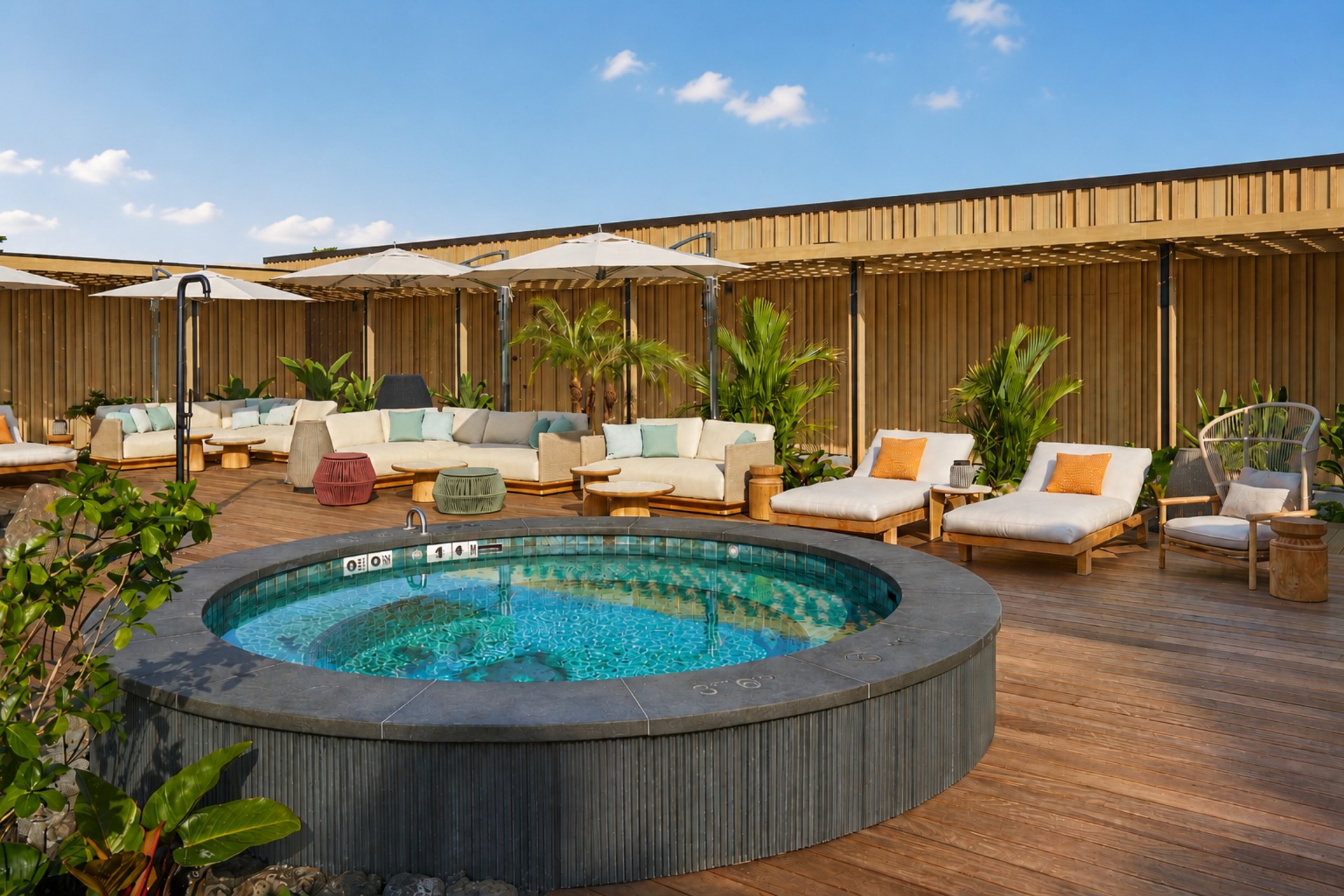 a hot tub with lounge chairs and umbrellas on a deck