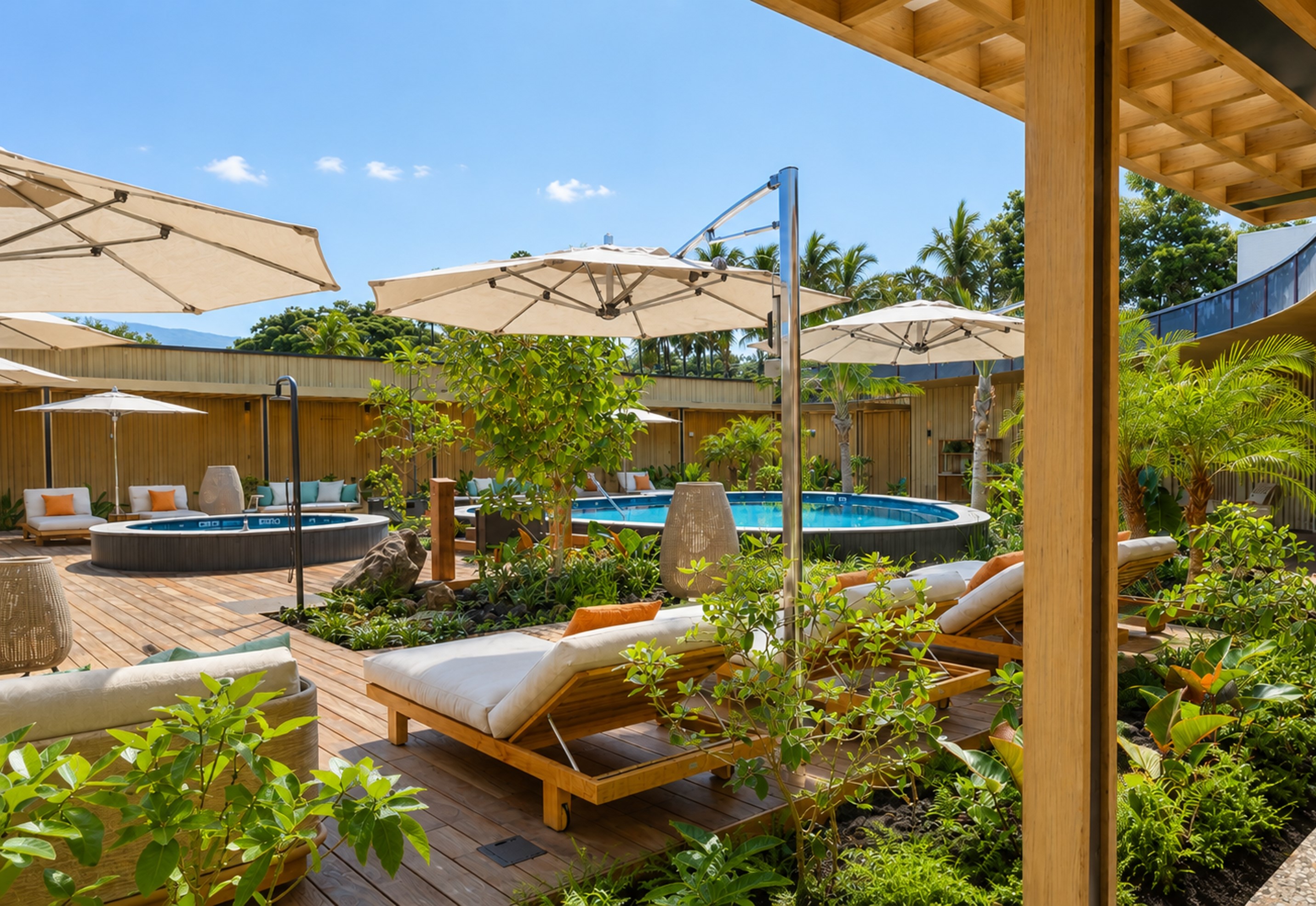a pool with lounge chairs and umbrellas