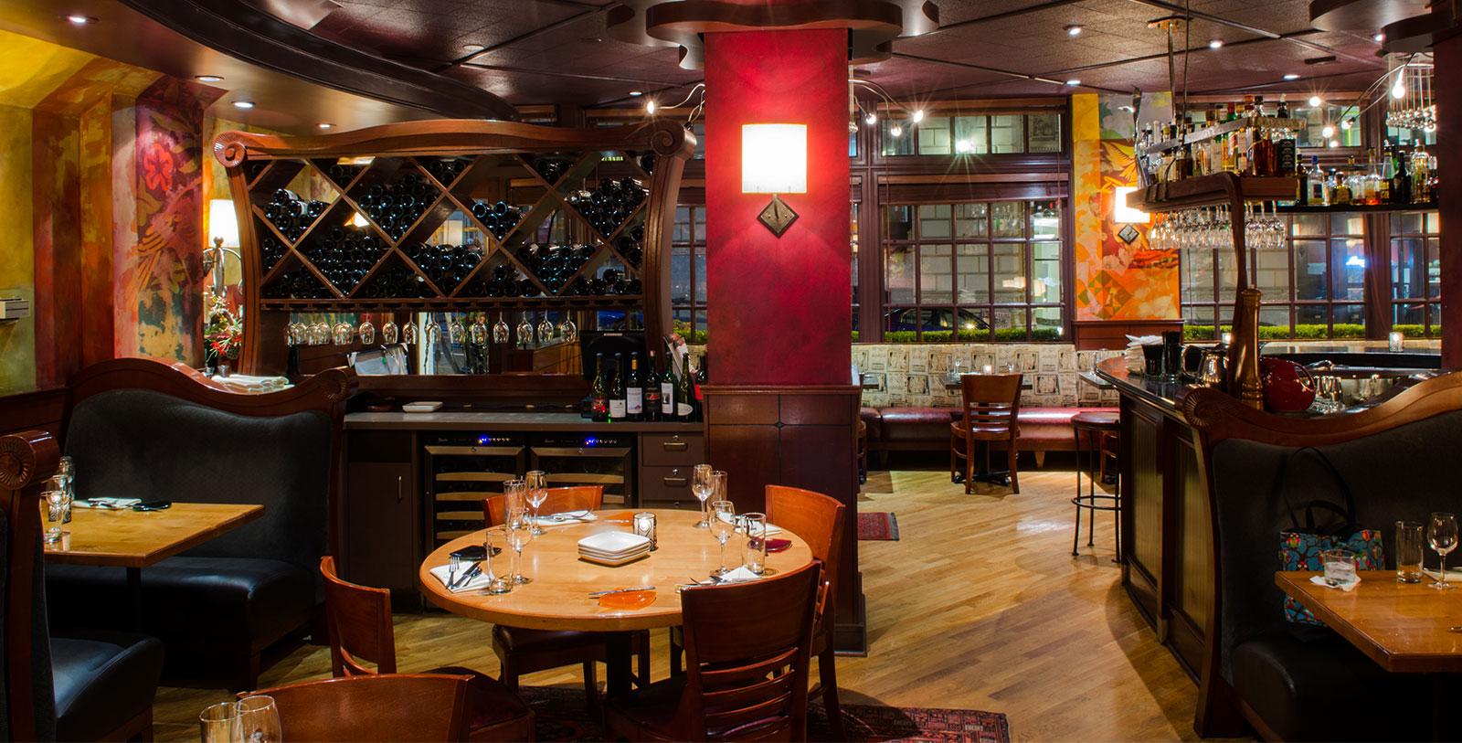 a restaurant with a wine rack