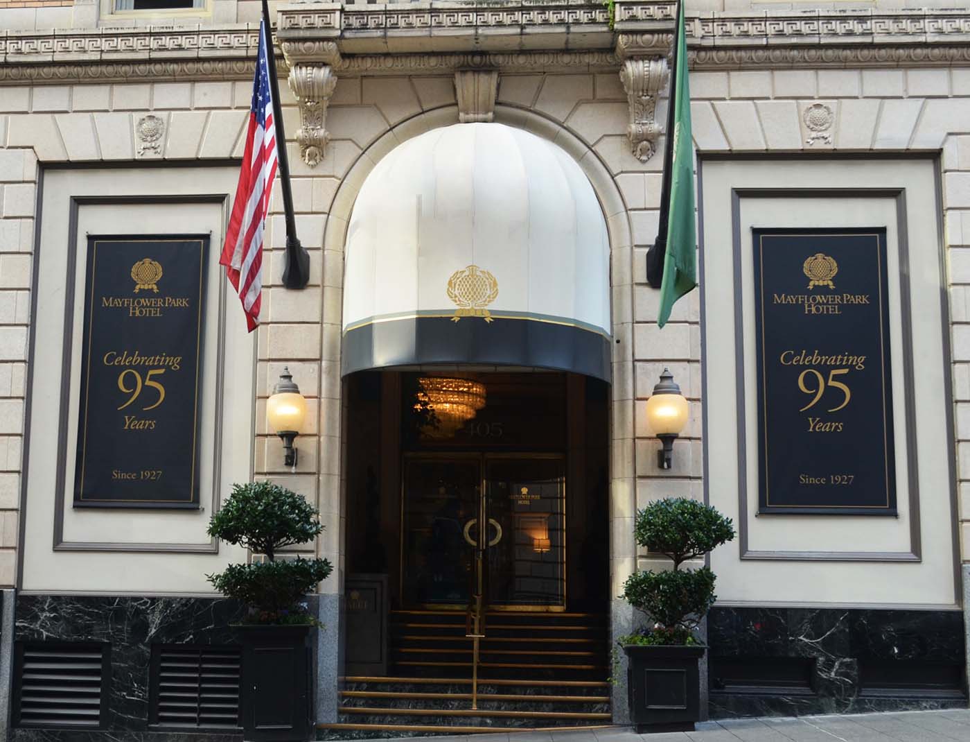 a building with flags and signs