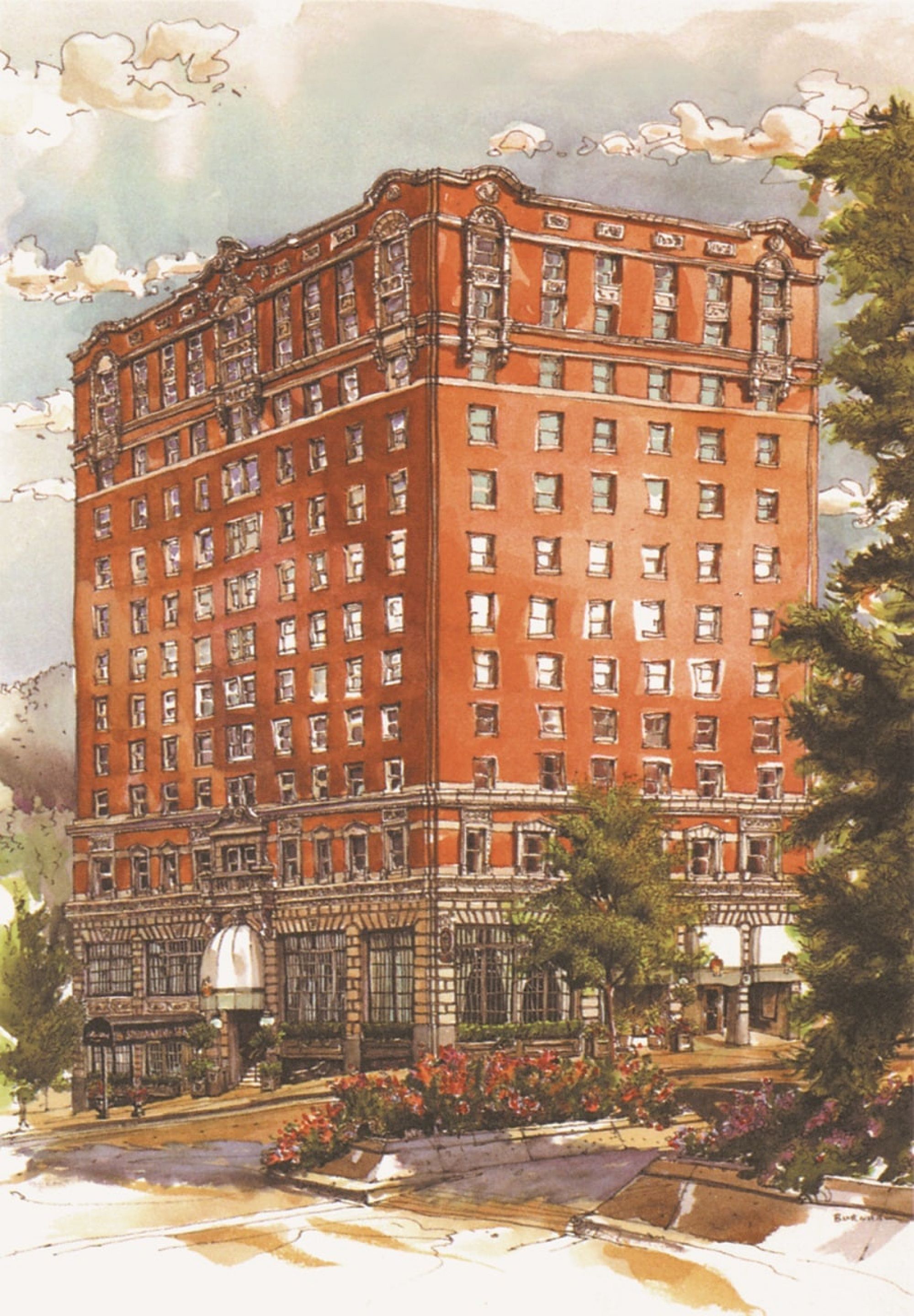 a building with trees and flowers