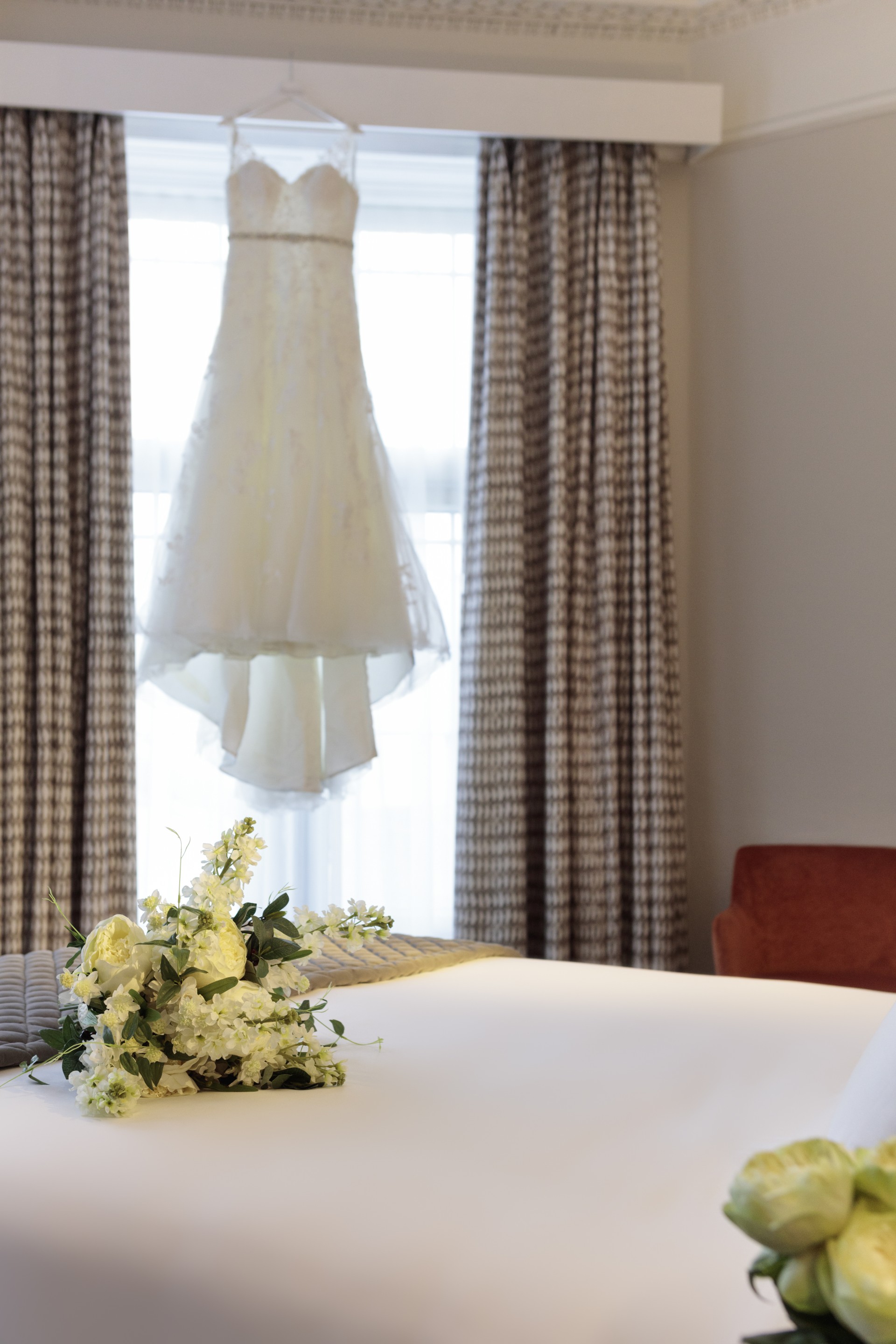 a wedding dress from a window