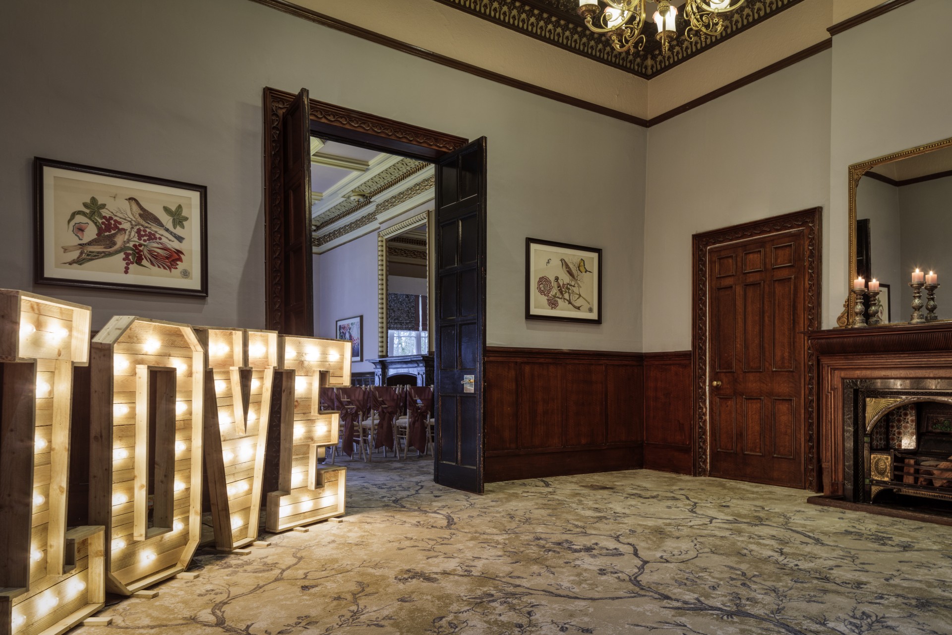 a room with a large sign