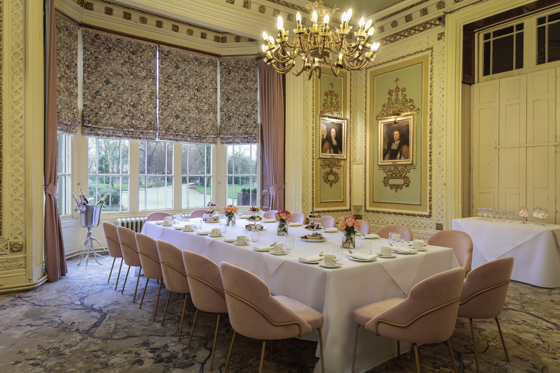 a room with a table and chairs