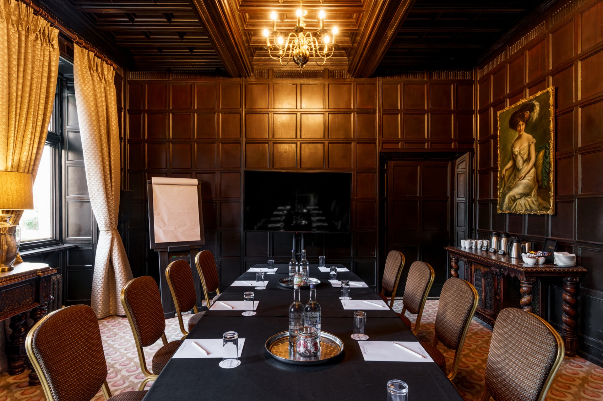 a room with a table and chairs