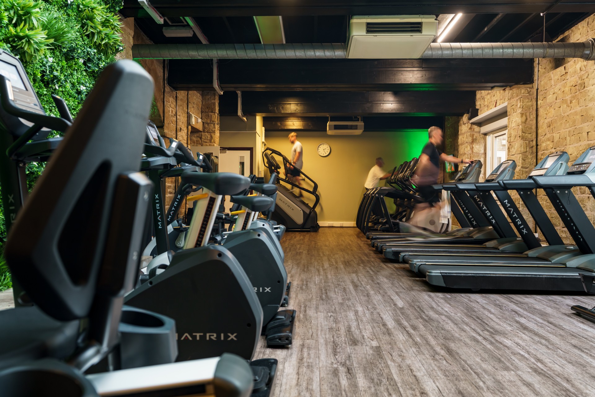 a group of treadmills in a gym