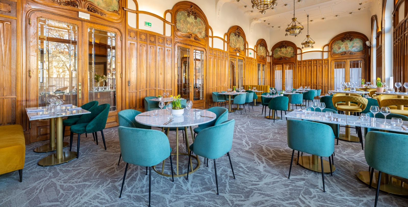 a room with tables and chairs
