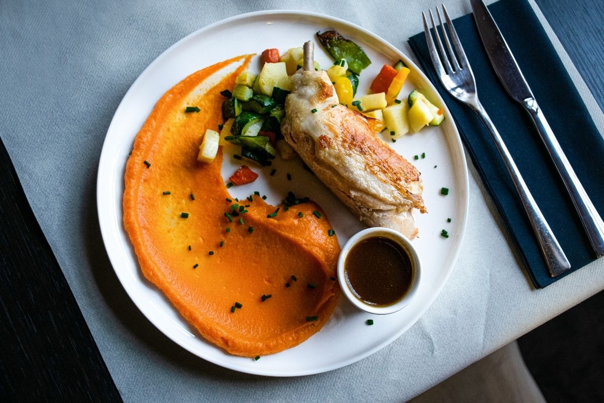 a plate of food with a fork and knife