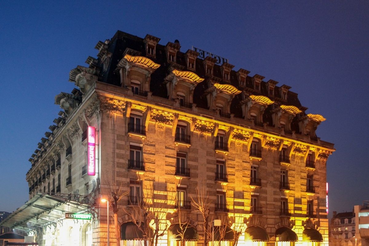 a building with lights on