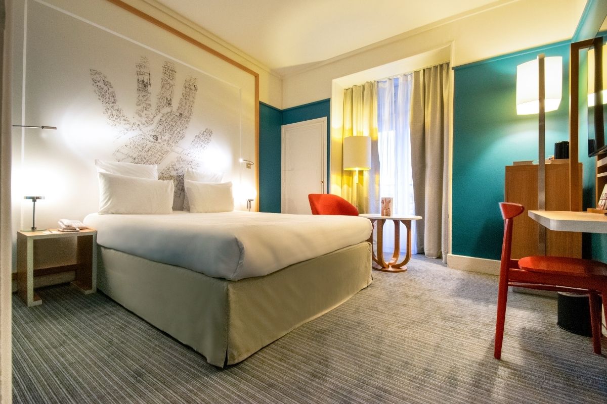 a room with a bed and a table