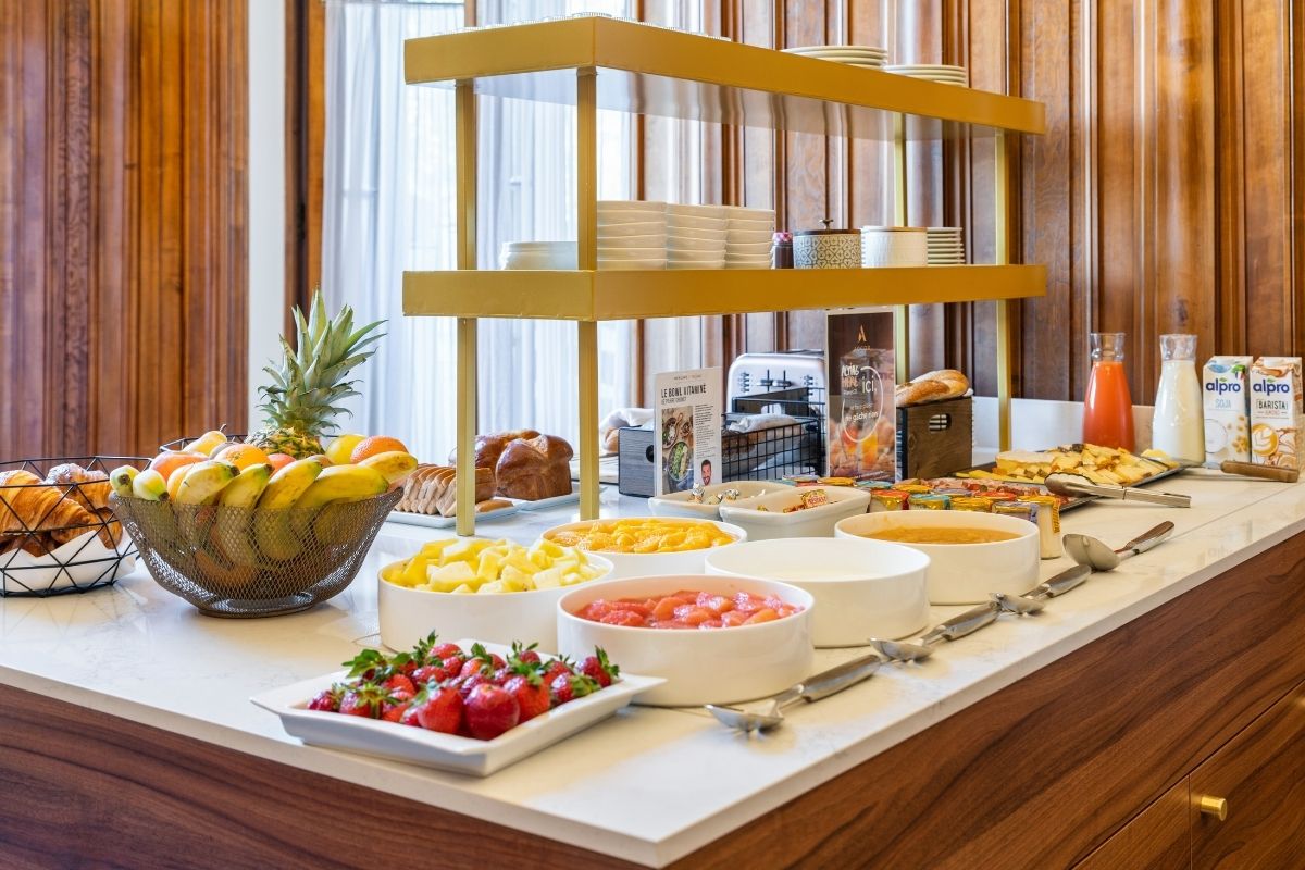 a buffet table with food on it