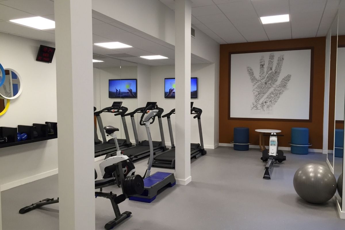 a room with exercise equipment