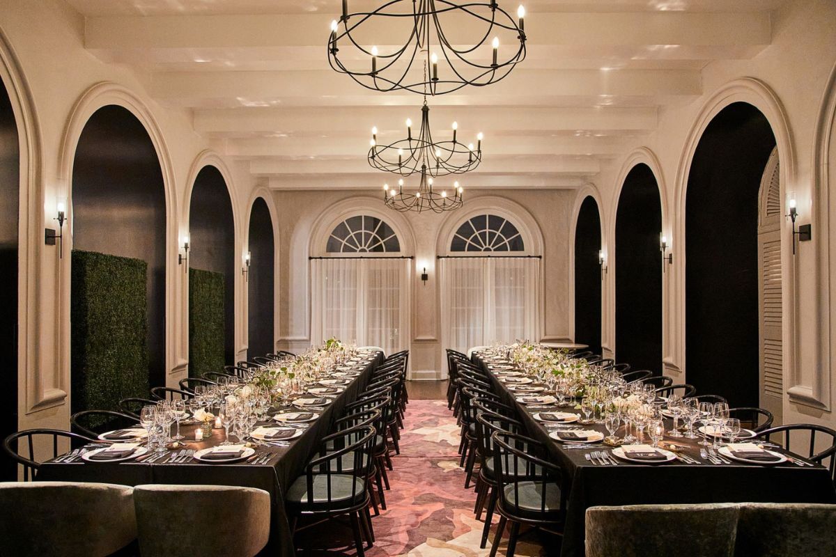 a long table set for a dinner party