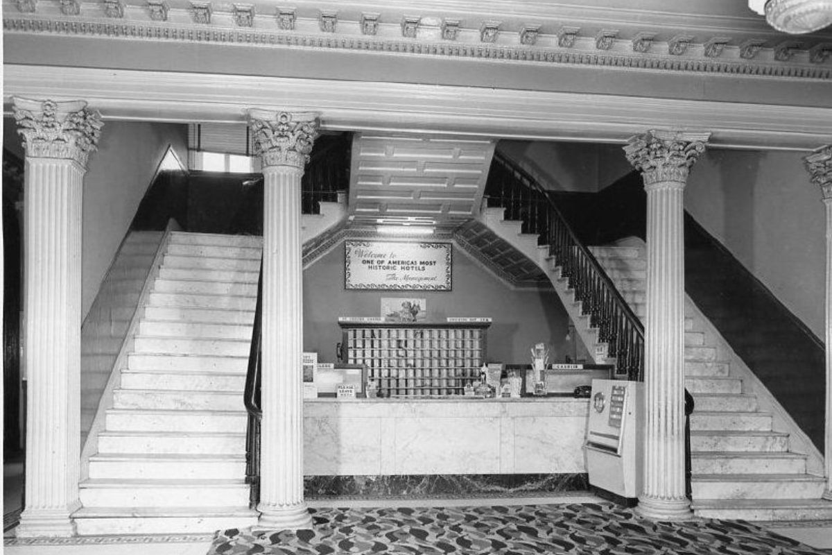 a staircase leading to a counter