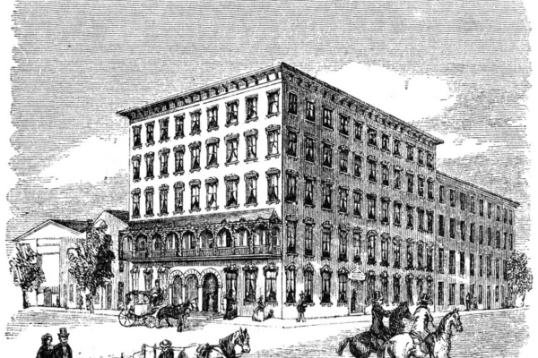 a drawing of a building with horses and people