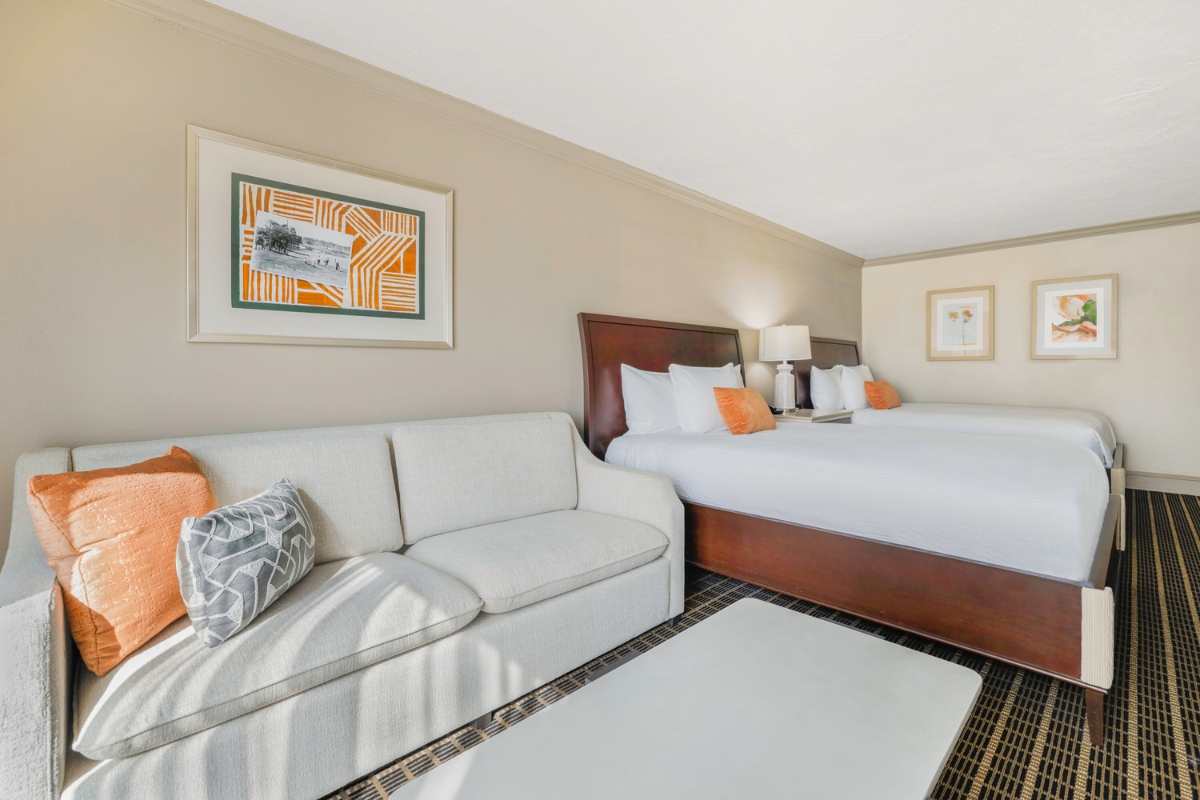 a room with two beds and a couch