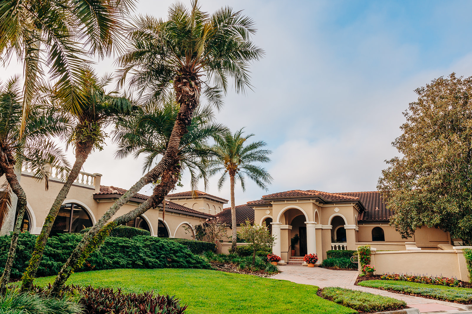 a building with palm trees and a walkway