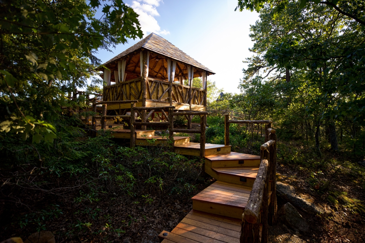 a wooden structure in the woods