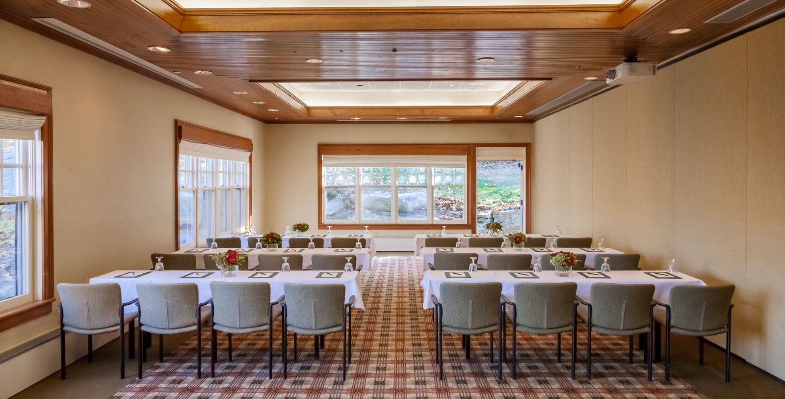 a room with tables and chairs