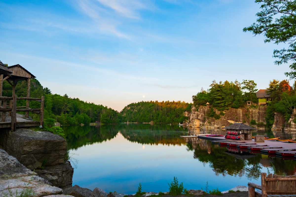 a lake with a dock and trees