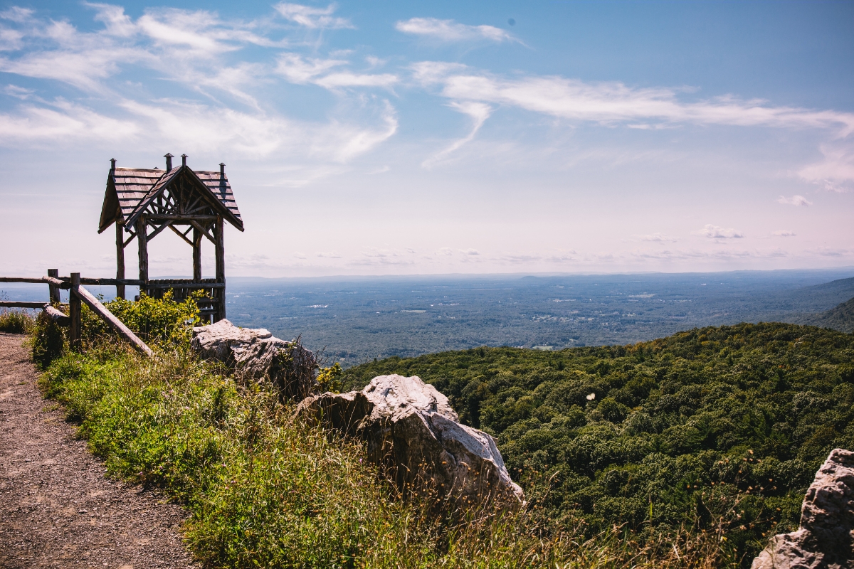 a wooden structure on a hill overlooking a forest