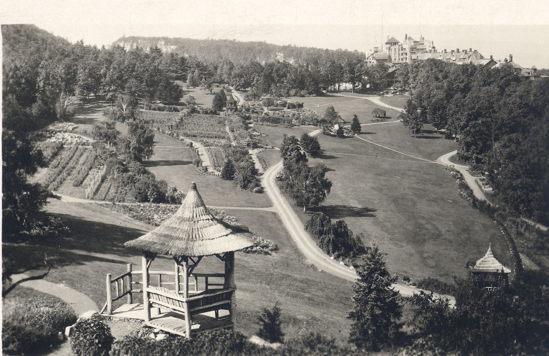 a gazebo overlooking a landscape