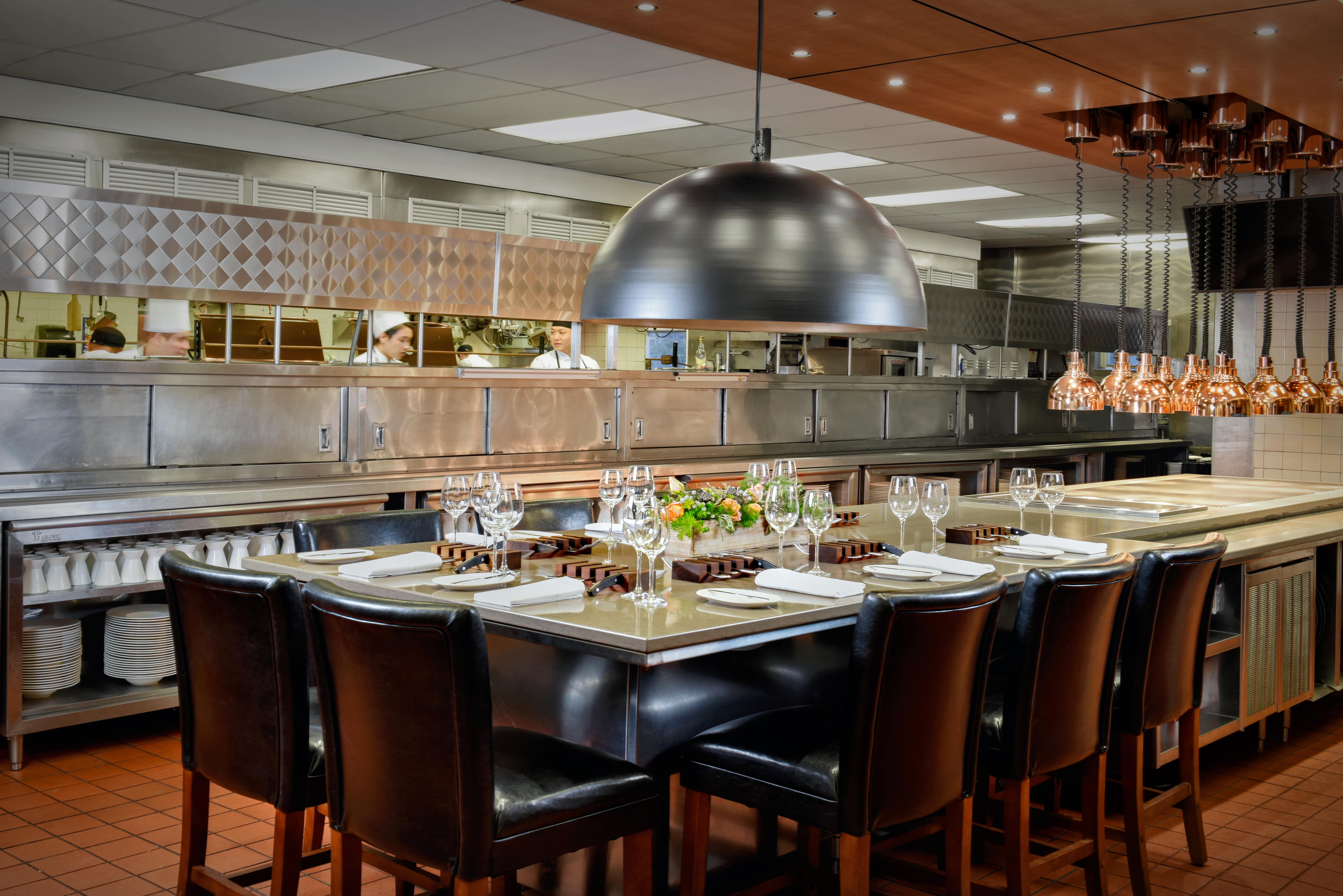 a restaurant with a large table set up