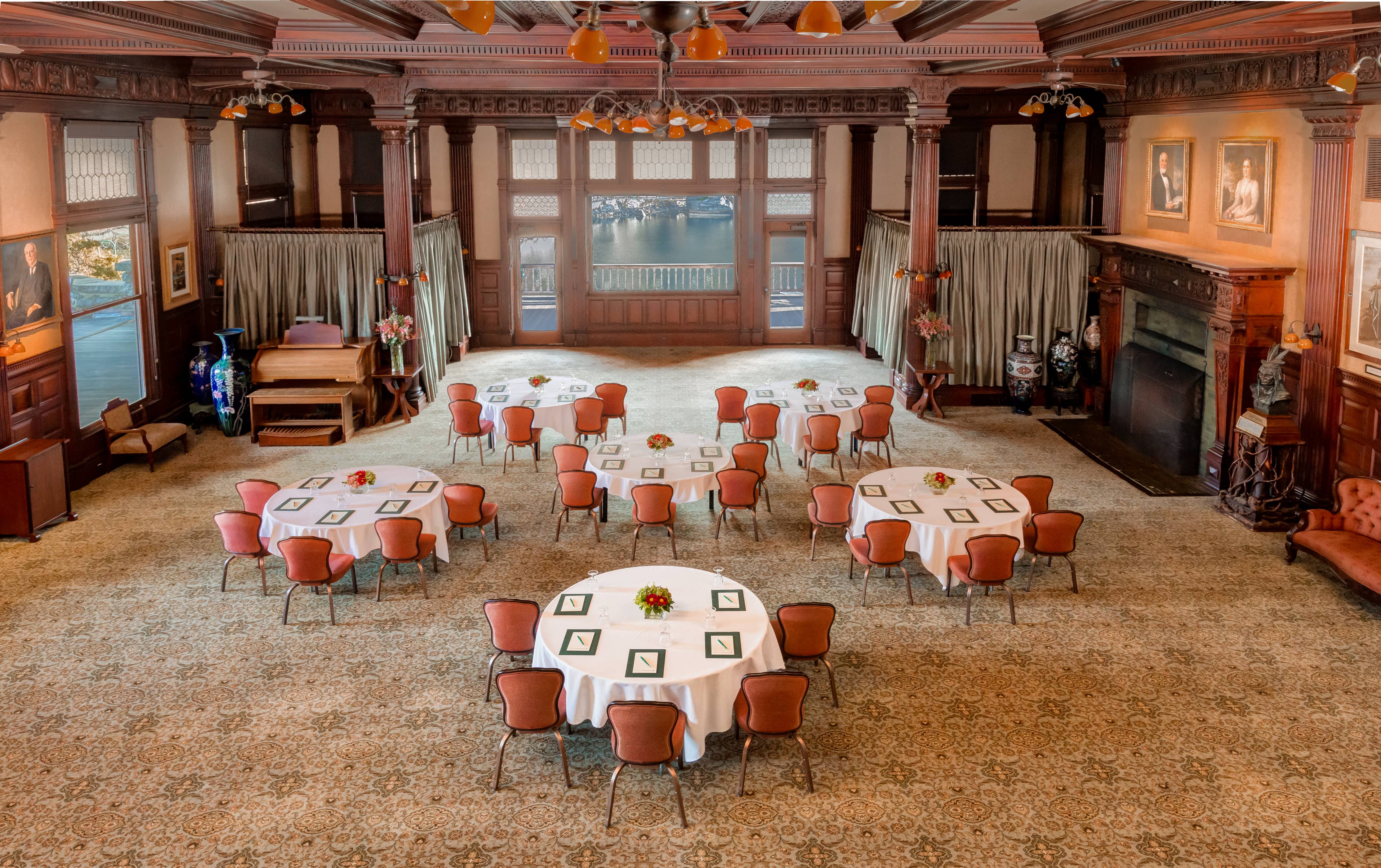 a room with tables and chairs