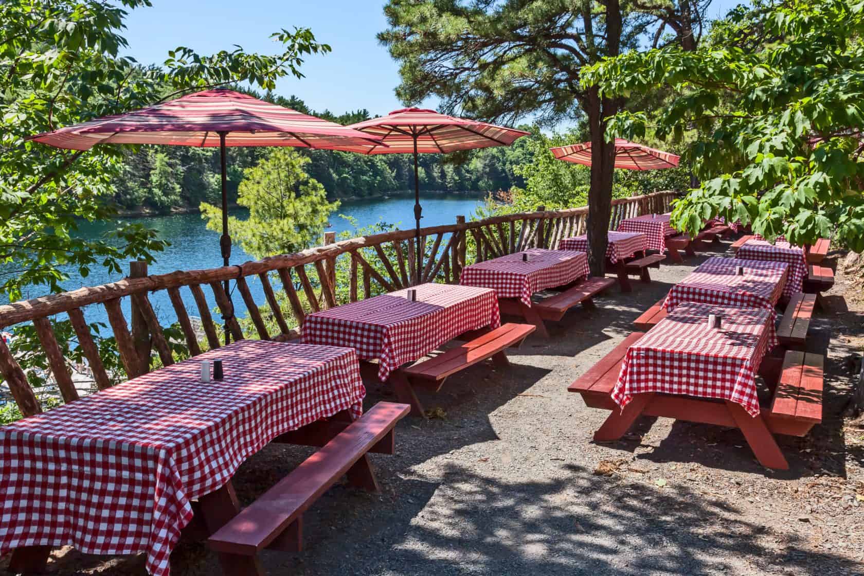tables and benches with red and white checkered tablecloths and umbrellas on a path by a lake