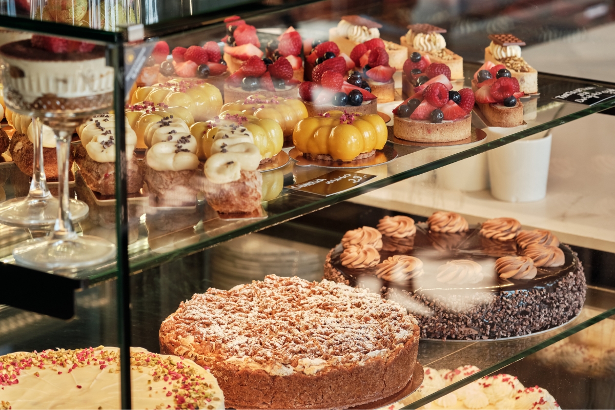 a display case of pastries