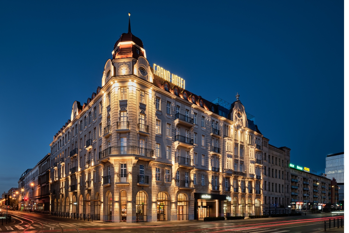 a large building with lights on it