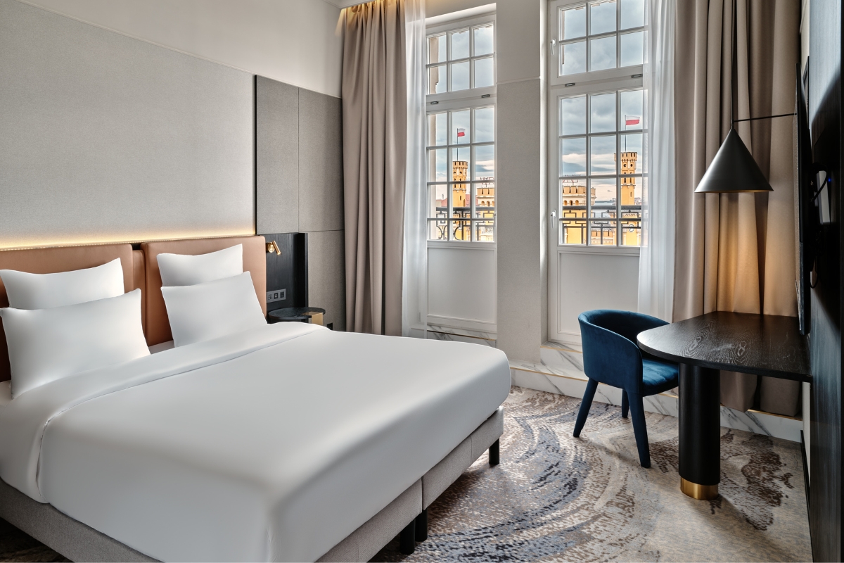 a room with a bed and a table