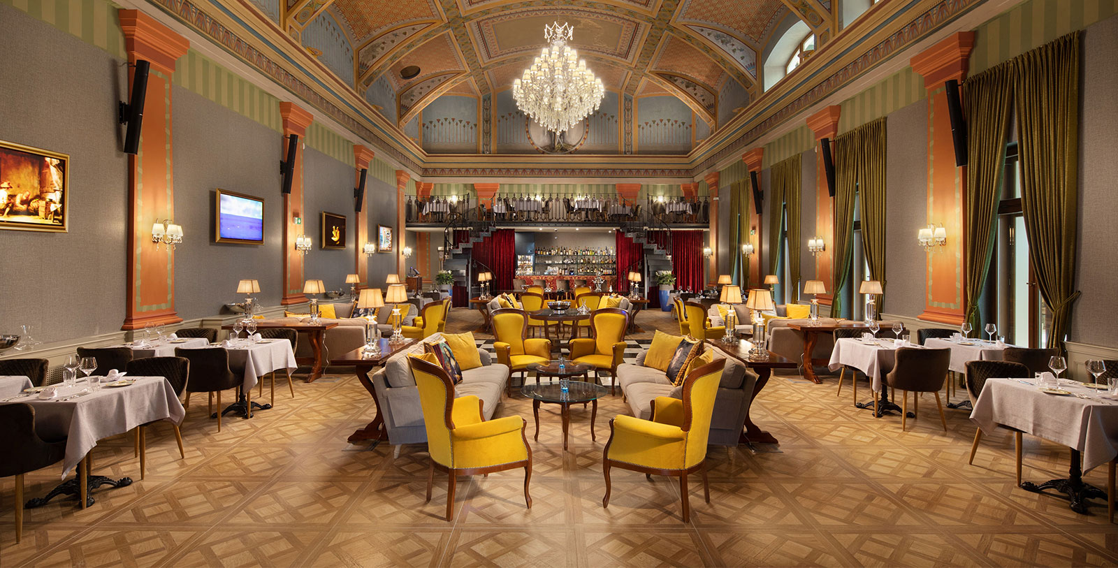 a room with tables and chairs