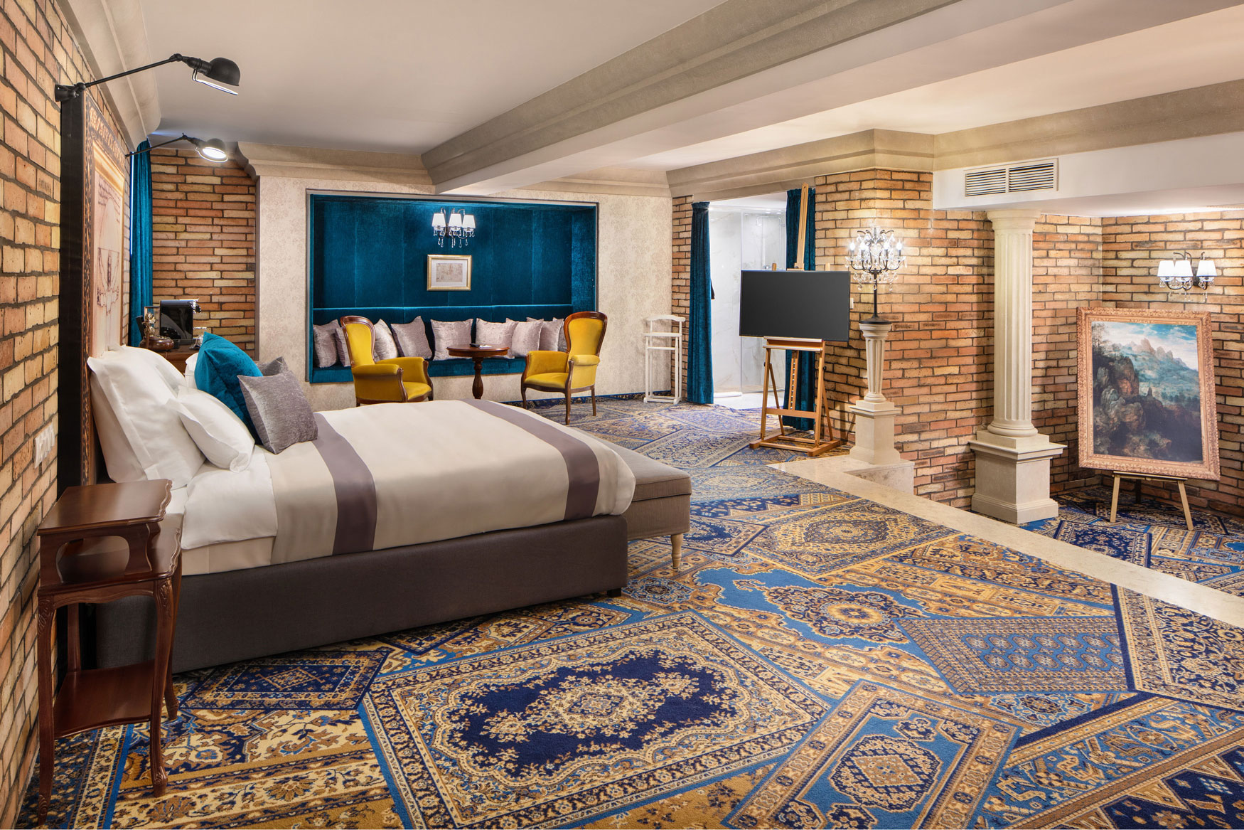 a room with a bed and a rug