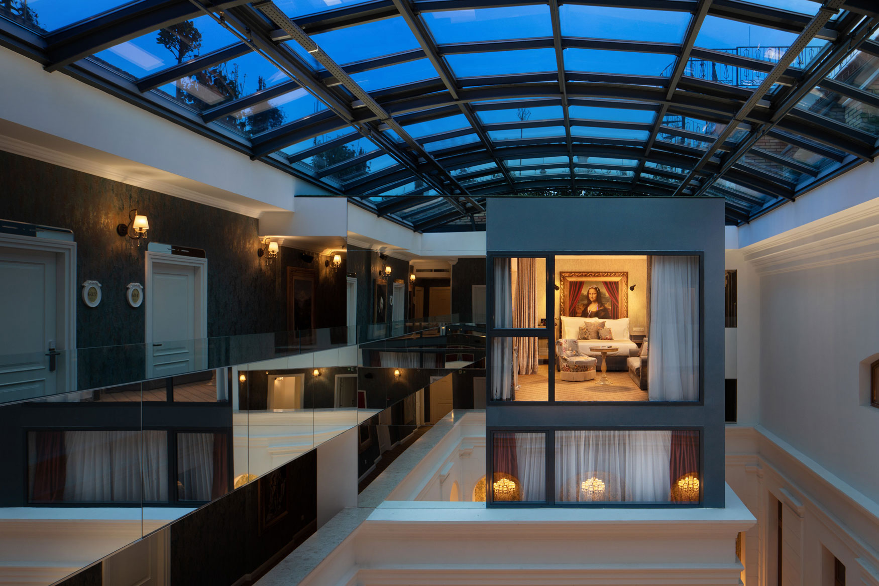 a room with a glass roof