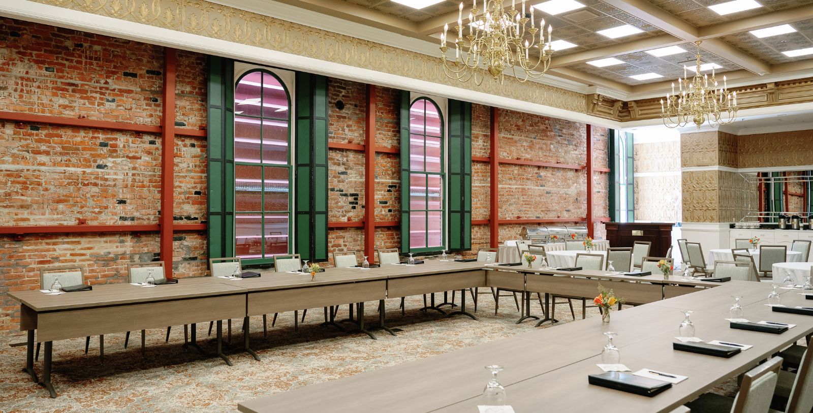 a room with tables and chairs