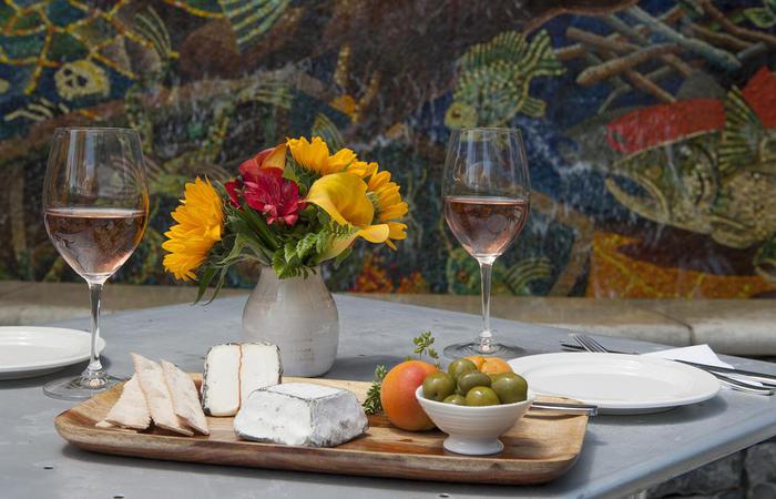 a table with food and wine