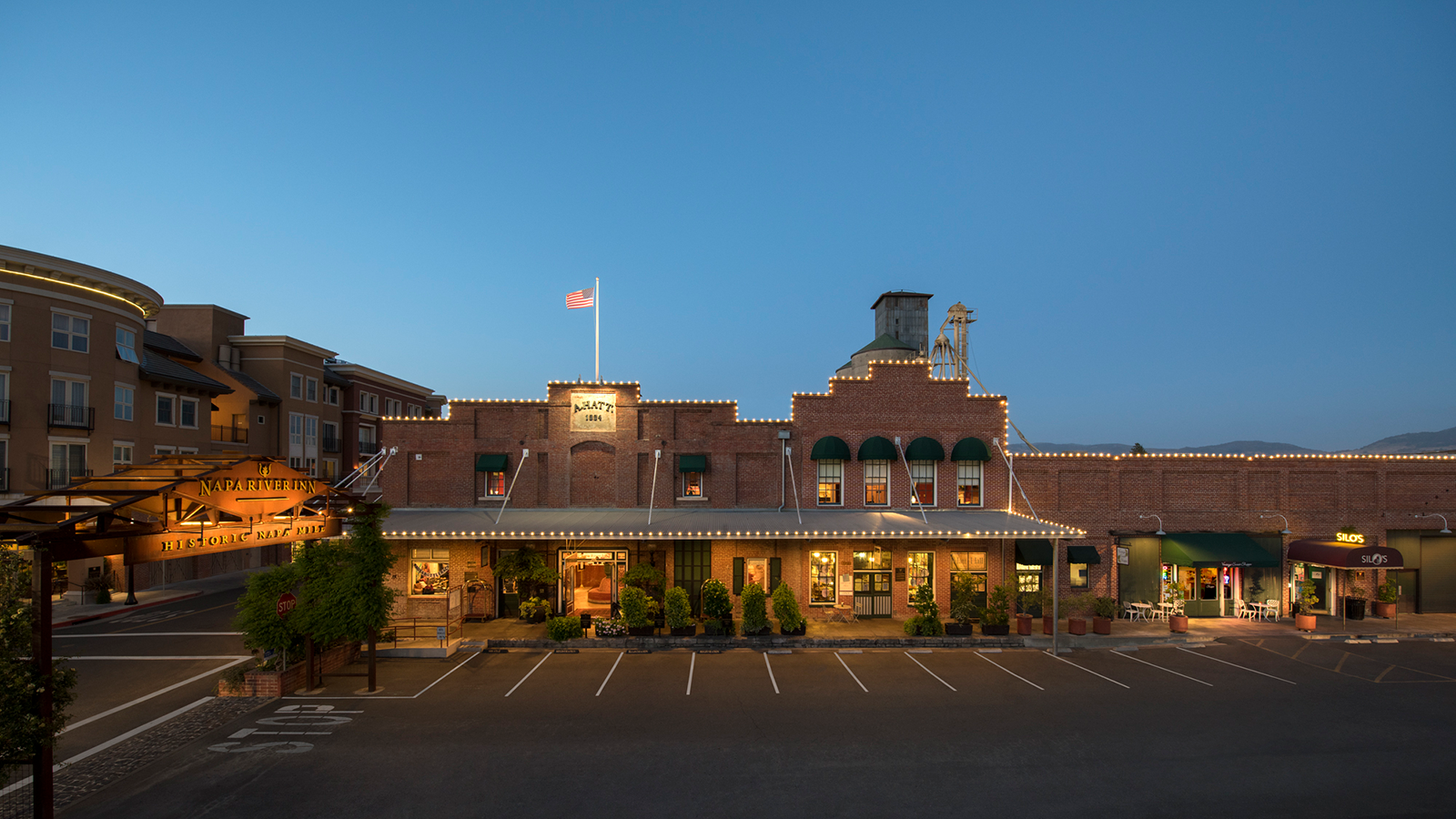 a building with lights on the front